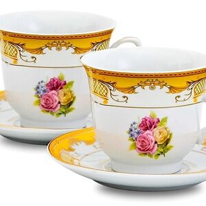Elegant Floral Porcelain Teacup Set - Yellow and White